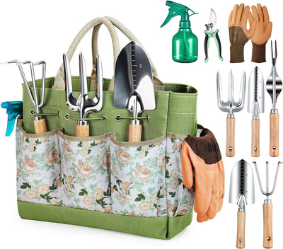 Garden Tools Kits, 9-Piece Heavy Duty Gardening Hand Tools with Durable Organizer Handbag, Rust-Proof Garden Planting Tools for Courtyard Balcony Patio Outdoor, Ideal Gifts for Family Friend