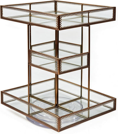 360 Degree Rotation Glass Makeup Organizer Antique Countertop Vanity Cosmetic Storage Box Mirror Glass Beauty Display, Brass Spin Large Capacity Holder for Brushes Lipsticks Skincare Toner (Brass)