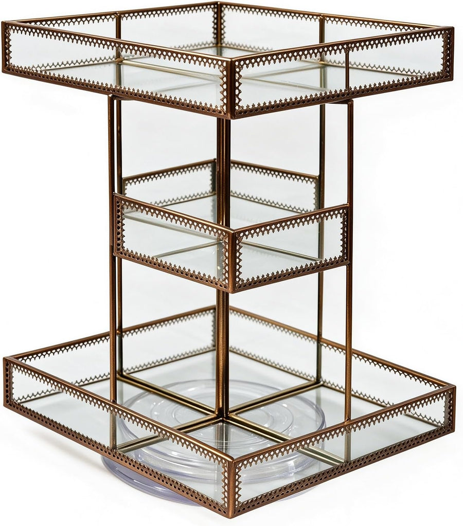 360 Degree Rotation Glass Makeup Organizer Antique Countertop Vanity Cosmetic Storage Box Mirror Glass Beauty Display, Brass Spin Large Capacity Holder for Brushes Lipsticks Skincare Toner (Brass)