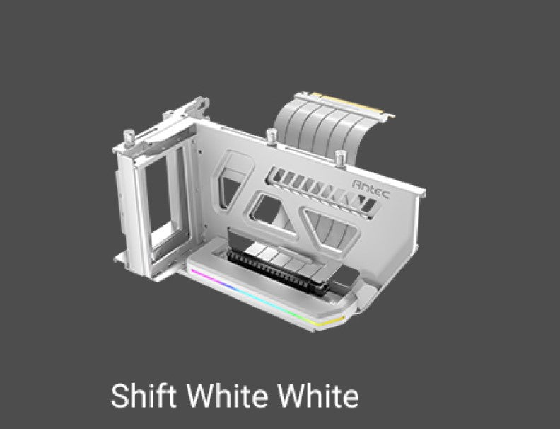 Antec RGB Adjustable Shift PCI Vertical GPU Bracket PCI-E 4.0 Riser Cable white (190mm) for 4090 & 7900 XTX Cards.