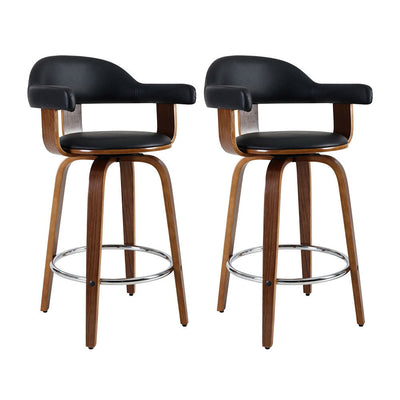 NNEDSZ Set of 2 Bar Stools PU Leather Wooden Swivel - Wood, Chrome and Black-0