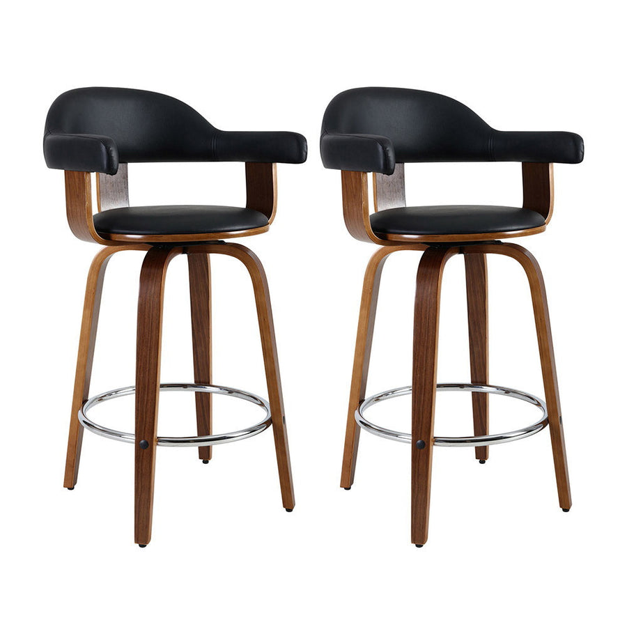 NNEDSZ Set of 2 Bar Stools PU Leather Wooden Swivel - Wood, Chrome and Black-0