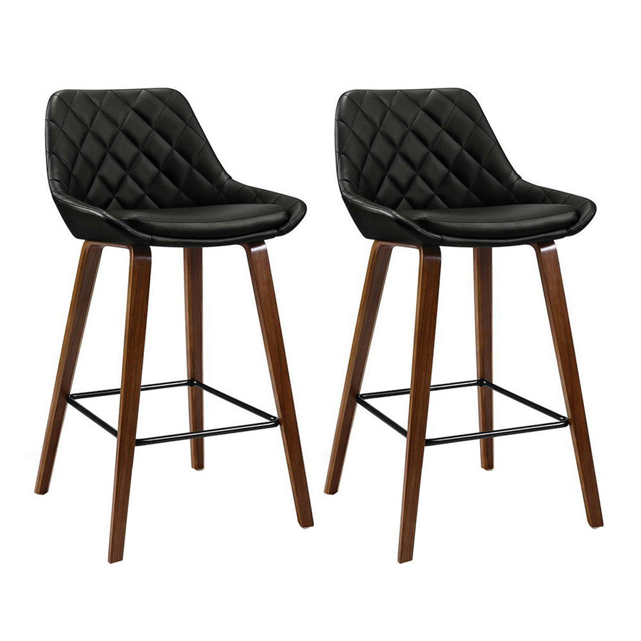 NNEDSZ Set of 2 Bar Stools Bentwood PU Leather Diamond Pleat - Black-0