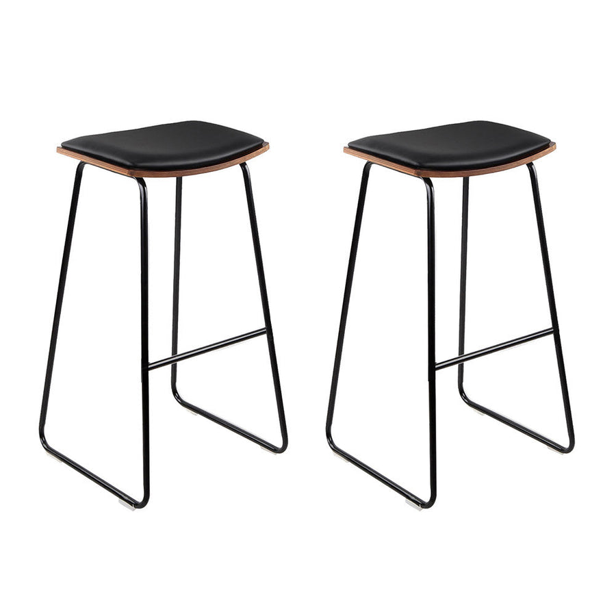 NNEDSZ Set of 2 Backless PU Leather Bar Stools - Black and Wood-0