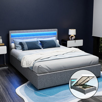 NNEDSZ Artiss Bed Frame Queen Size LED Gas Lift Grey COLE-0