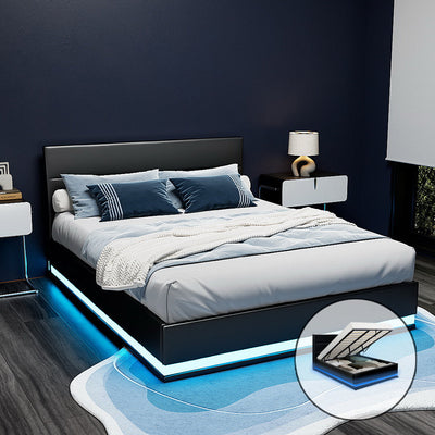 NNEDSZ Artiss Bed Frame King Size LED Gas Lift Black LUMI-0