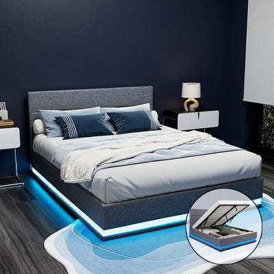 NNEDSZ Artiss Bed Frame Queen Size LED Gas Lift Grey LUMI-0