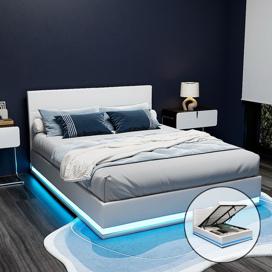 NNEDSZ Artiss Bed Frame Queen Size LED Gas Lift White LUMI-0