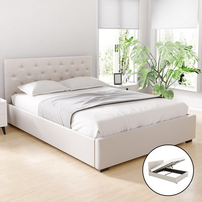 NNEDSZ Artiss Bed Frame Double Size Gas Lift Beige VILA-0