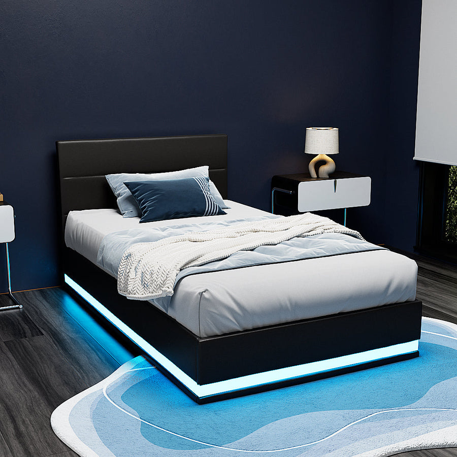 NNEDSZ Artiss Bed Frame King Single Size LED Gas Lift Black LUMI-0