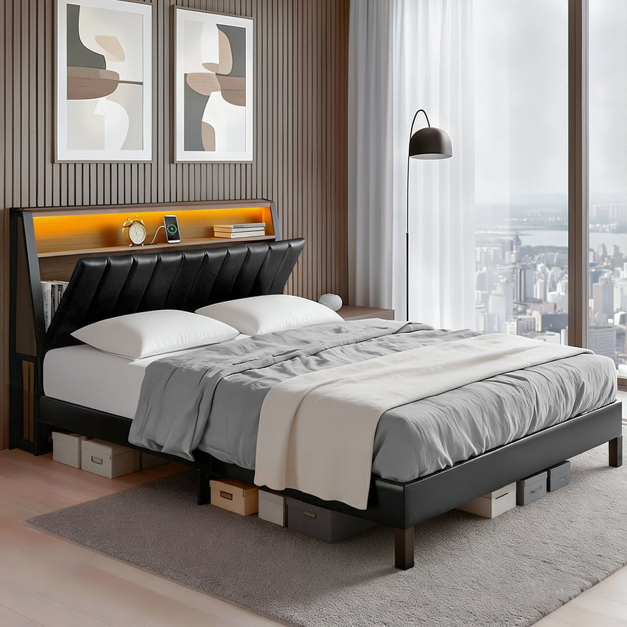 Artiss Queen Bed Frame LED Storage Headboard with Charging Station Black-0