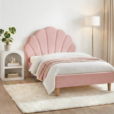 Artiss Bed Frame King Single with Bedside Table Set Scallop Headboard Pink Velvet Fabric Beds Base-0