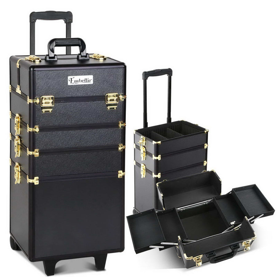 NNEDSZ 7 in 1 Portable Cosmetic Beauty Makeup Trolley - Black & Gold-0