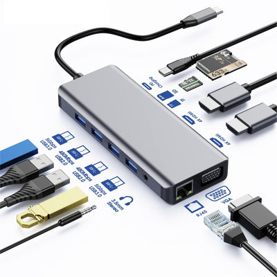 Astrotek USB-C Dock 12-in-1 Multiport Hub/Docking Station with 100W Power 2xHDMI 4K VGA GLAN 2xUSB3.0 2xUSB2.0