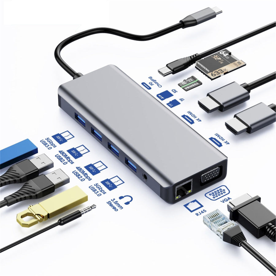 Astrotek USB-C Dock 12-in-1 Multiport Hub/Docking Station with 100W Power 2xHDMI 4K VGA GLAN 2xUSB3.0 2xUSB2.0