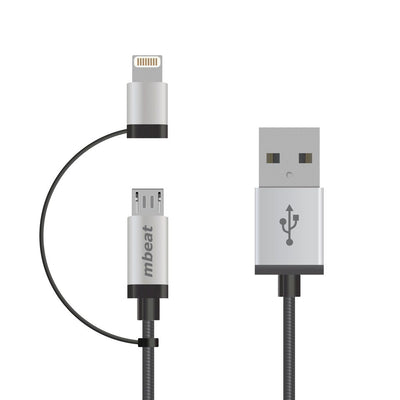 MBEAT® 1m Lightning and Micro USB Data Cable - 2-in-1/Aluminmum Shell Crush-Proof/Nylon Braided/Silver/