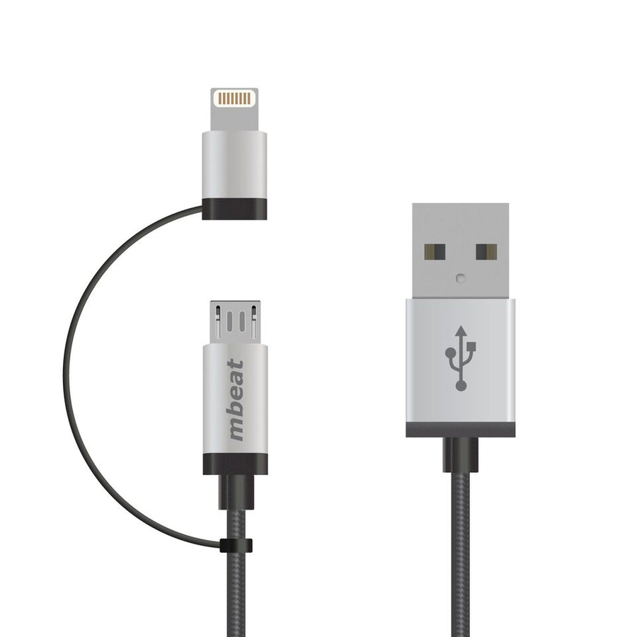 MBEAT® 1m Lightning and Micro USB Data Cable - 2-in-1/Aluminmum Shell Crush-Proof/Nylon Braided/Silver/