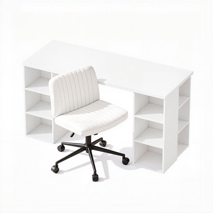 Artiss Office Desk & Chair Set 150cm Computer Desk with 6 Storage Shelves & Ergonomic Cross Legged Chair Armless Cross PU Leather Office Chair with Wheels