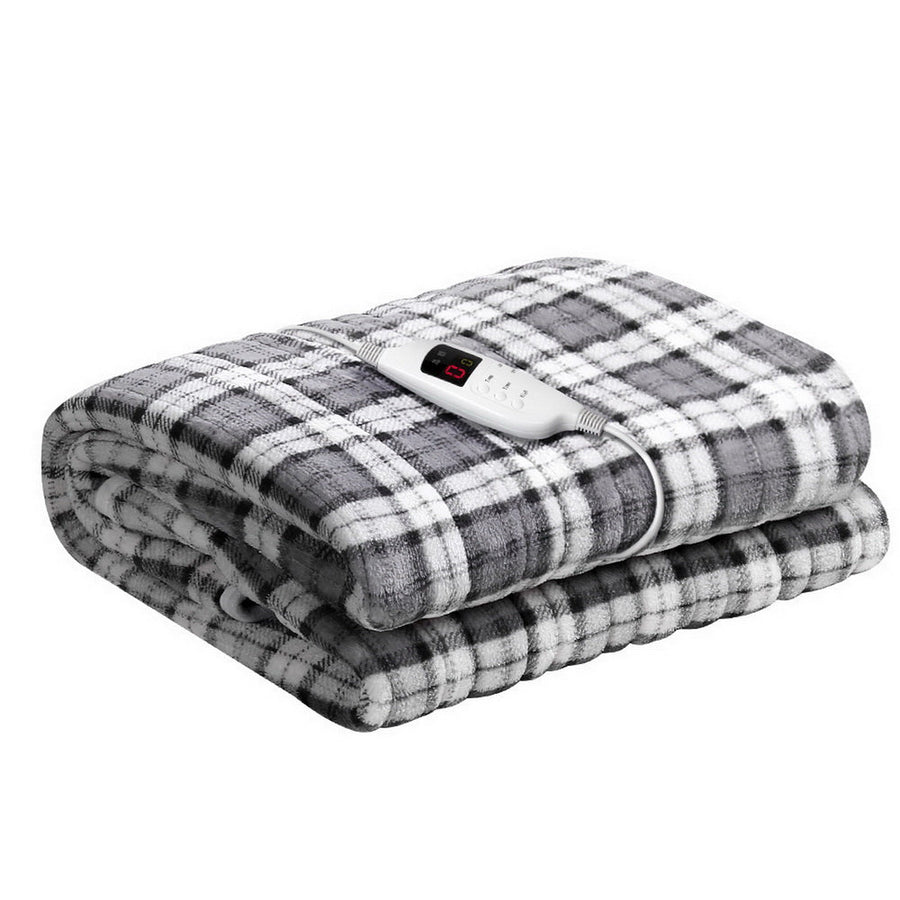 NNEDSZ Bedding Electric Throw Rug Flannel Snuggle Blanket Washable Heated Grey and White Checkered-0