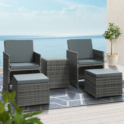 NNEDSZ Gardeon 5PC Bistro Set Wicker Table and Chairs Ottoman Outdoor Furniture Grey-0
