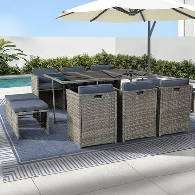 NNEDSZ Gardeon Outdoor Dining Set 11 Piece Wicker Table Chairs Setting Grey-0