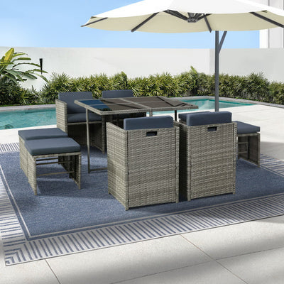 NNEDSZ Gardeon Outdoor Dining Set 9 Piece Wicker Table Chairs Setting Grey-0