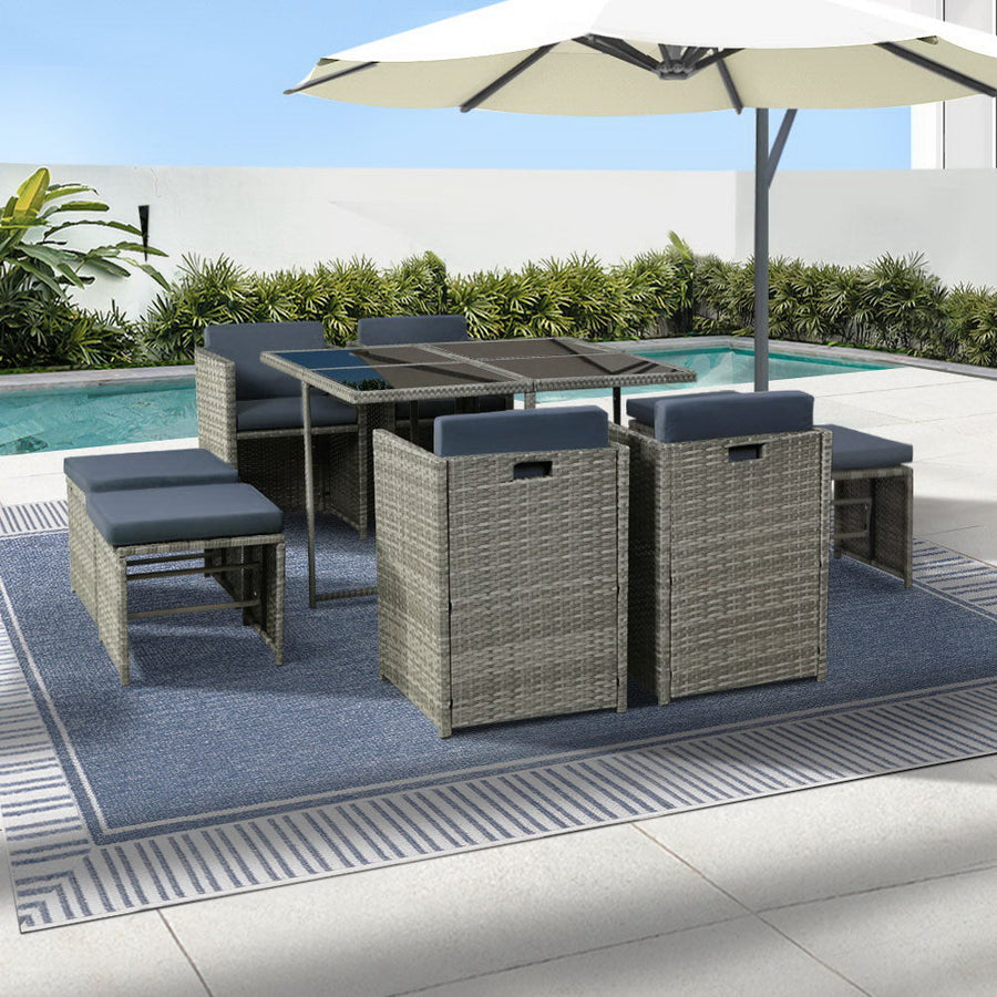 NNEDSZ Gardeon Outdoor Dining Set 9 Piece Wicker Table Chairs Setting Grey-0