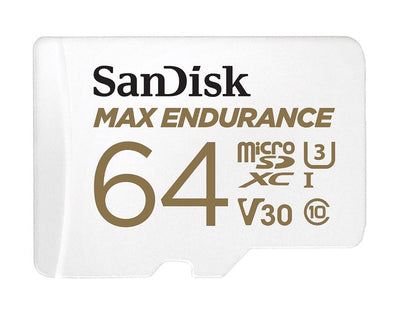 Sandisk Max Endurance 64GB microSD 100MB/s 40MB/s 20K hrs 4K UHD C10 U3 V30 -40°C to 85°C Heat Freeze Shock