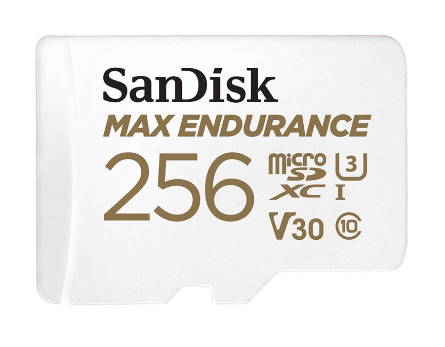 Sandisk Max Endurance 256GB microSD 100MB/s 40MB/s 20K hrs 4K UHD C10 U3 V30 -40°C to 85°C Heat Freeze Shock