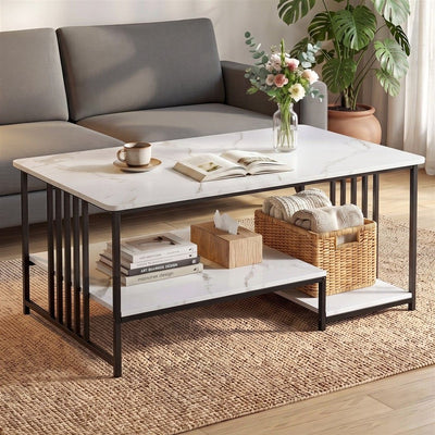 Artiss Coffee Table 100cm Faux Marble Finish Center Table 2-Tier Storage White&Black-0