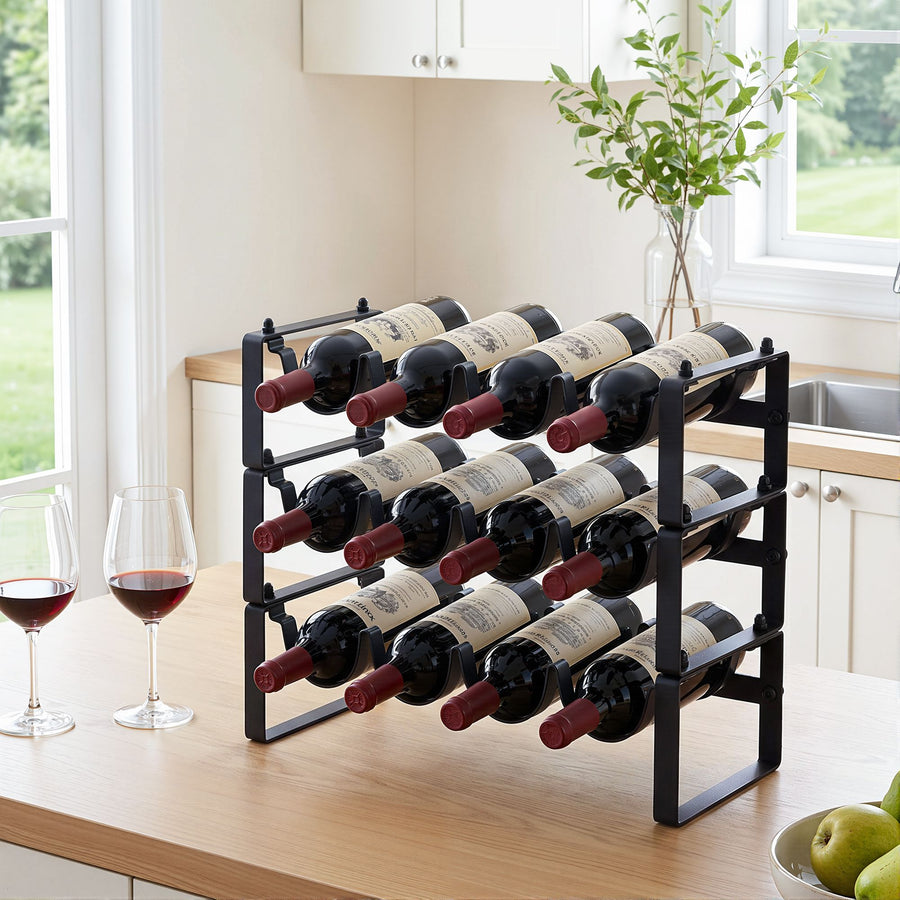 Artiss 3-Tier Wine Rack Metal Freestanding 12 Bottles Modular Countertop Wine Display Shelf Black