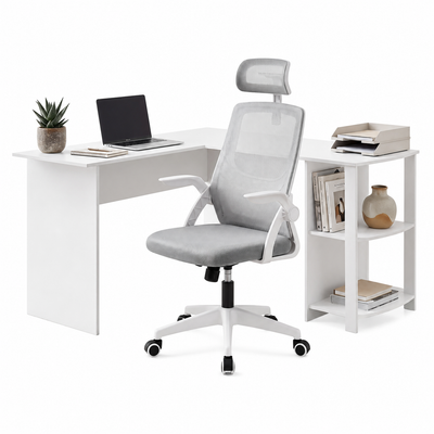 Artiss Home Office Desk and Chair Set, 136cm L Shaped Computer Desk with Shelves & Cable Management, Ergonomic Mesh Office Chair with Adjustable Headrest, Flip-Up Armrests-0