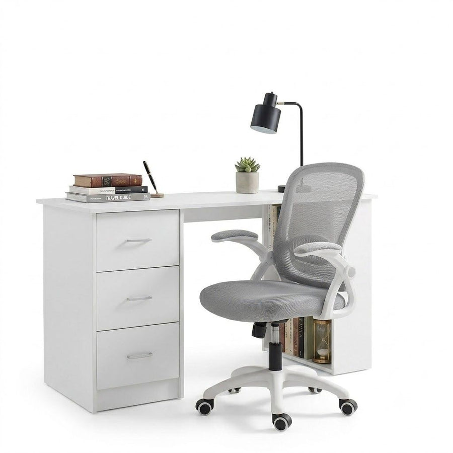 Artiss Computer Desk & Ergonomic Office Chair Set 120cm Home Office Study Desk with 3 Drawers & 3 Shelves, Mesh Computer Chair with Flip-Up Armrests