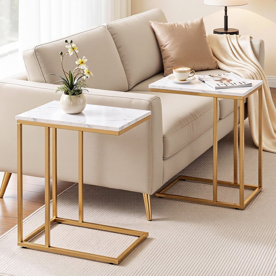 Artiss C Shaped End Table Set of 2 Coffee Table Side Table White & Gold