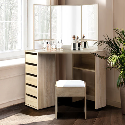 NNEDSZ Artiss Dressing Table Stool Set Corner 5 Drawers Oak-0
