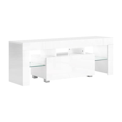 NNEDSZ 130cm RGB LED TV Stand Cabinet Entertainment Unit Gloss Furniture Drawer Tempered Glass Shelf White-0