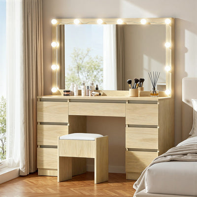 Artiss Dressing Table Vanity Desk Set Stool 12 Led Bulbs Wood-0
