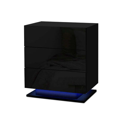 NNEDSZ Bedside Tables Side Table RGB LED Lamp 3 Drawers Nightstand Gloss Black-0
