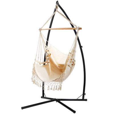 NNEDSZ Gardeon Hammock Chair with Steel Stand Hanging Outdoor Tassel Cream-0