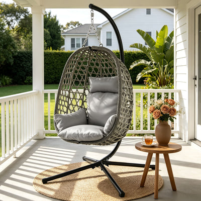 Gardeon Outdoor Swing Chair with Stand Cushion Rattan Furniture Grey-0