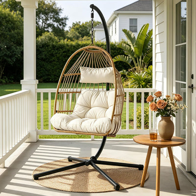 Gardeon Foldable Outdoor Swing Chair with Stand Cushion Rattan Patio Furniture-0
