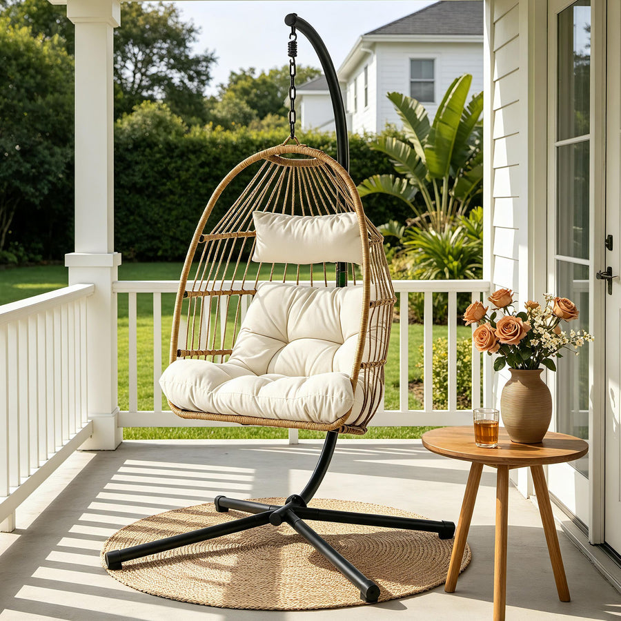 Gardeon Foldable Outdoor Swing Chair with Stand Cushion Rattan Patio Furniture