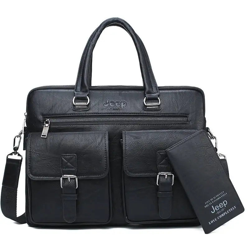 NNEOBA Men's Split Leather Business Briefcase Bag Set (Black 8006-8888)-0