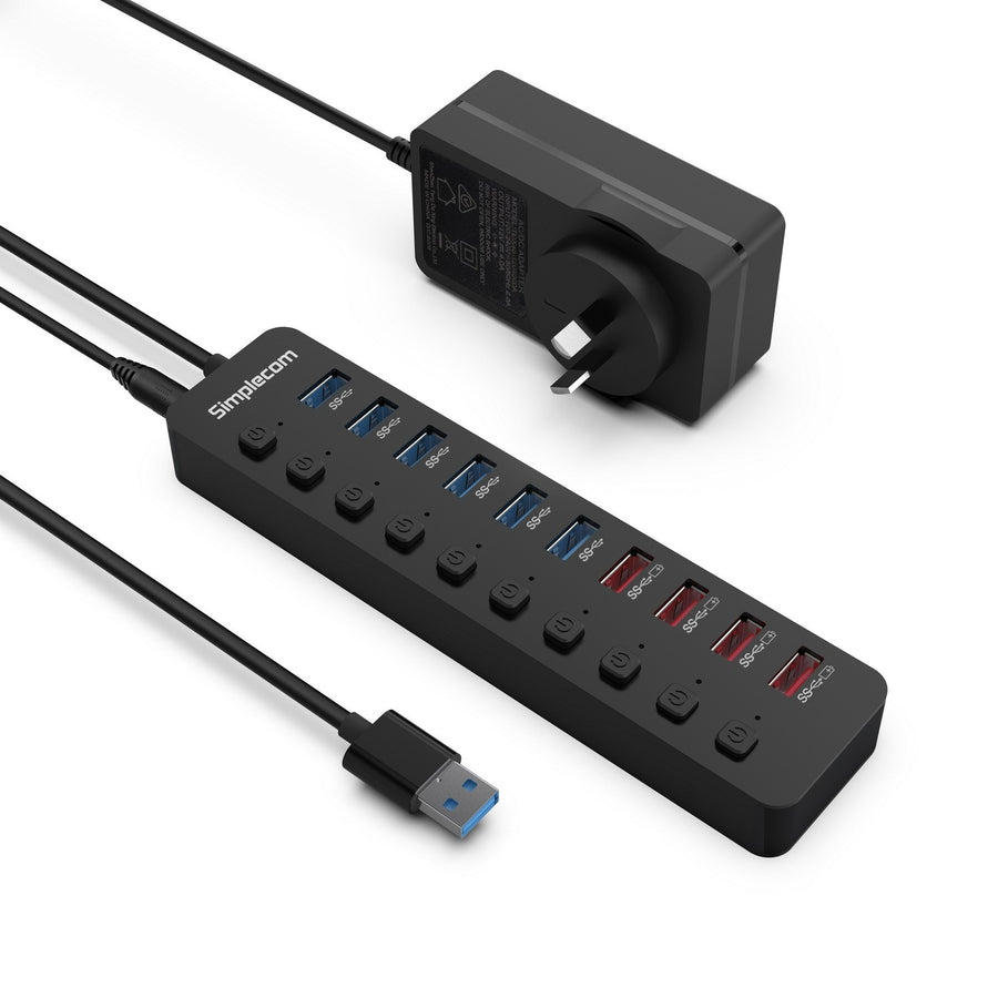 Simplecom CHU810 48W 10-Port USB 3.0 Hub and Charger with Individual Switches 12V/4A Power Adapter BC1.2 Fast