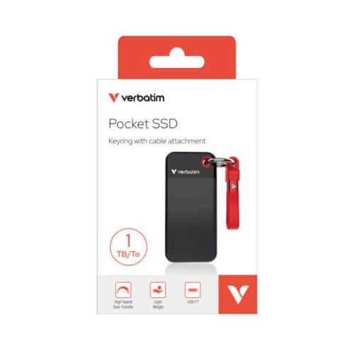 Verbatim 1TB Pocket SSD USB 3.2 Gen 2 1TB Black Red Convenient Keyring cable holder. Compact