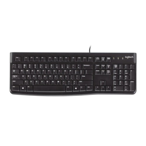 Logitech K120 Wired Keyboard Quiet typing Spill-resistant Durable keys Thin profile Curved space bar Adjustable
