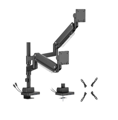 Brateck LDT80-C024UCP Matte Black Super Heavy-Duty Pole-Mounted Gas Spring Dual Monitor Arm with USB-A and USB-C