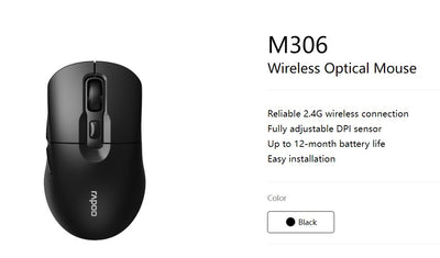 Rapoo M306 2.4 Wireless Optical Mice with Side FWD and Back Buttons. 12 Months Long Battery Life