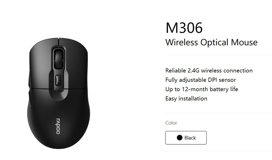 Rapoo M306 2.4 Wireless Optical Mice with Side FWD and Back Buttons. 12 Months Long Battery Life