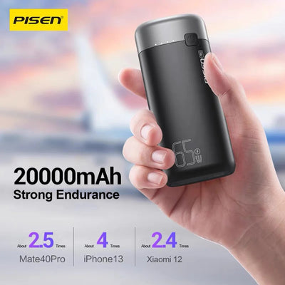 PISEN Pro 65W 20K (20000mAh) Laptop Power Bank (3 Port) + USB-C to USB-C Cable (50cm) - Black